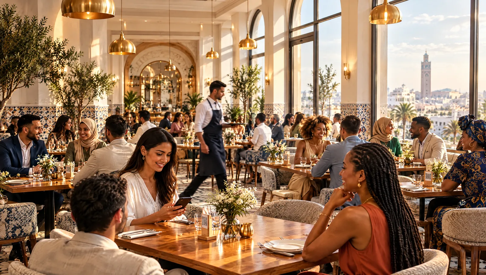 Salle de restaurant pleine, avec une clientèle variée