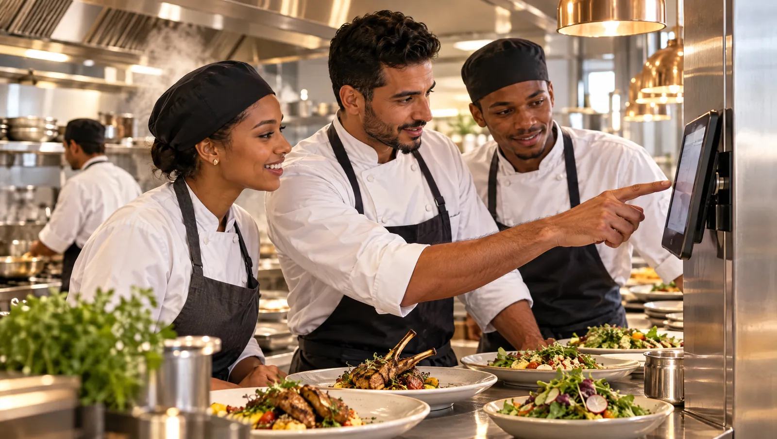 L'équipe en cuisine reçoit la nouvelle commande sur la tablette