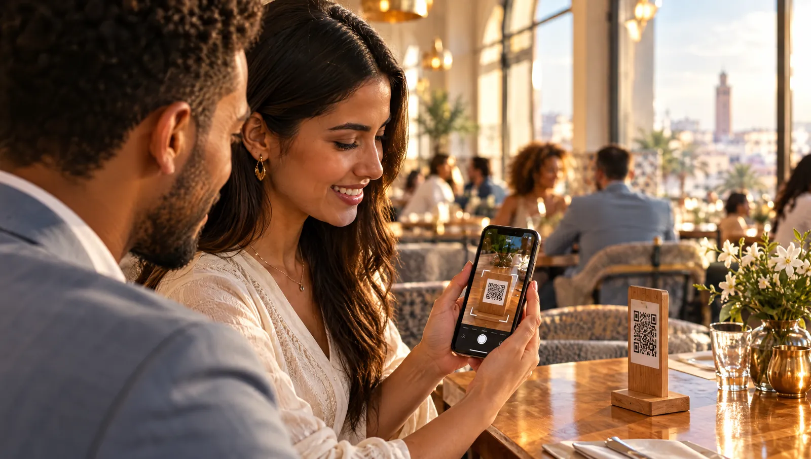 Une cliente scanne le QR code posé sur sa table